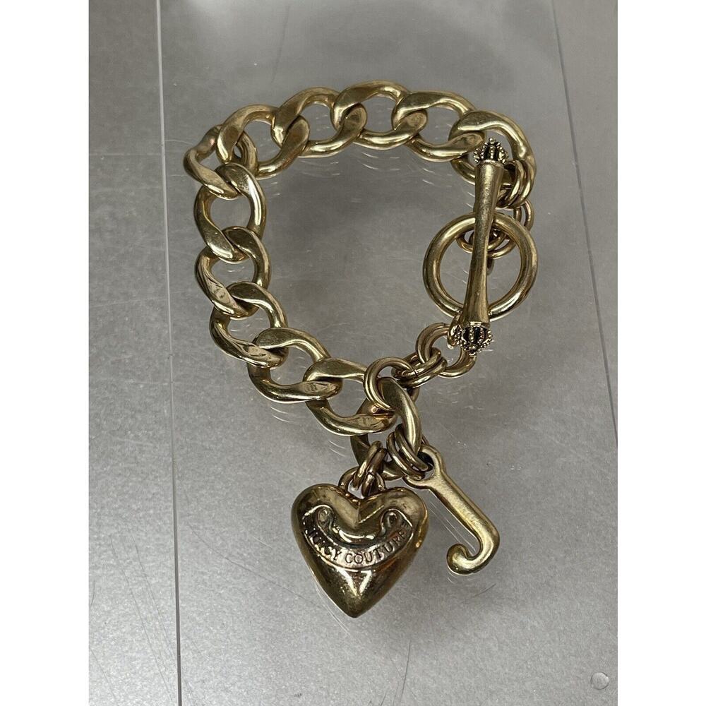 Juicy Couture Gold Chain Link Heart Toggle Bracelet J Charm Jewelry Y2K